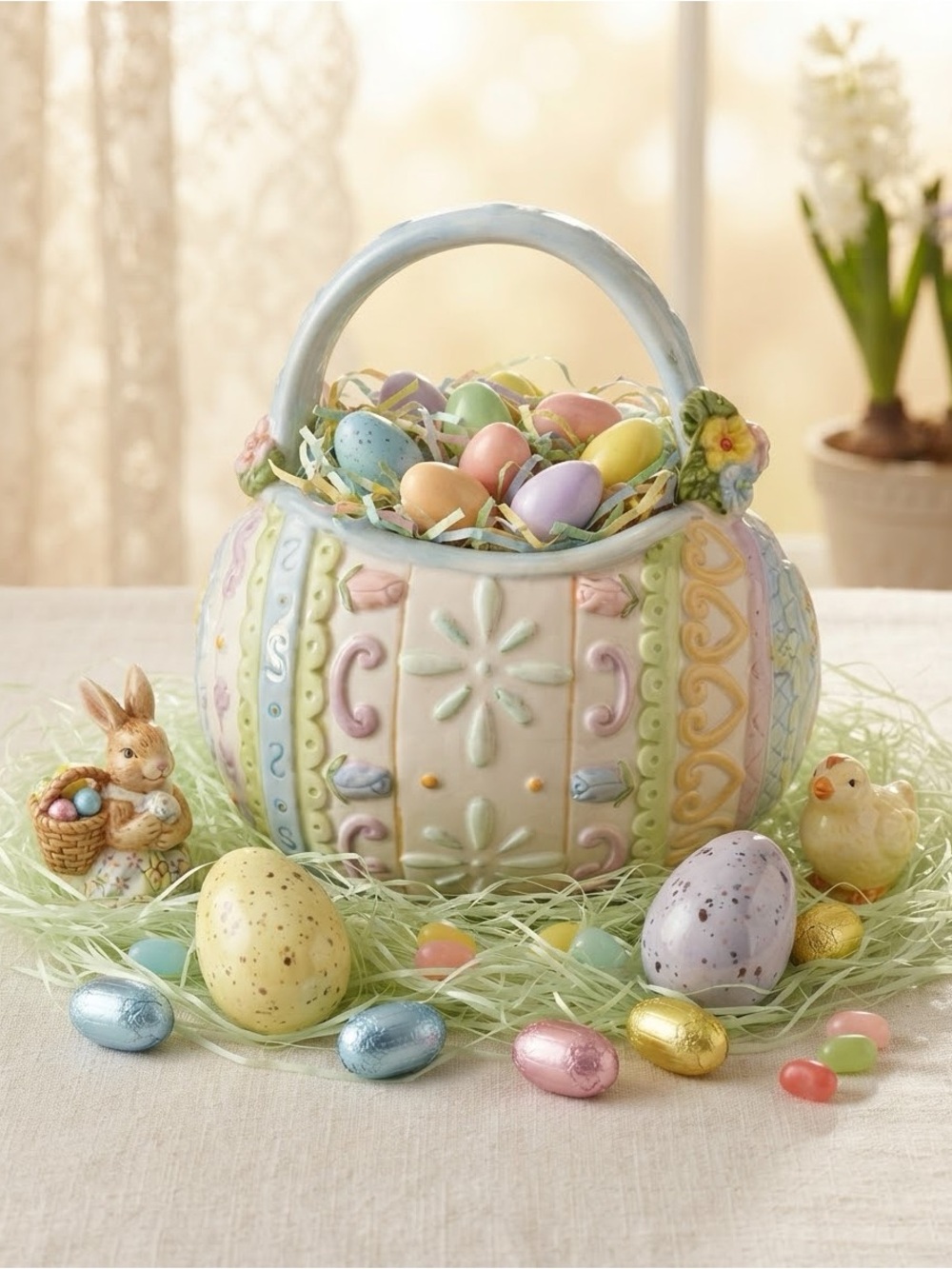 Pastel Floral Ceramic Handbag Basket - White and Multicolor